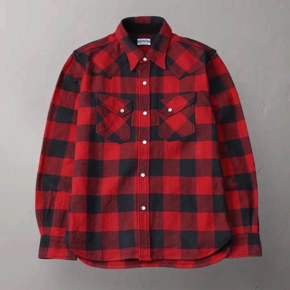 Flat Head Block Check Western Flannel Shirt - Red - Picture 1 of 2